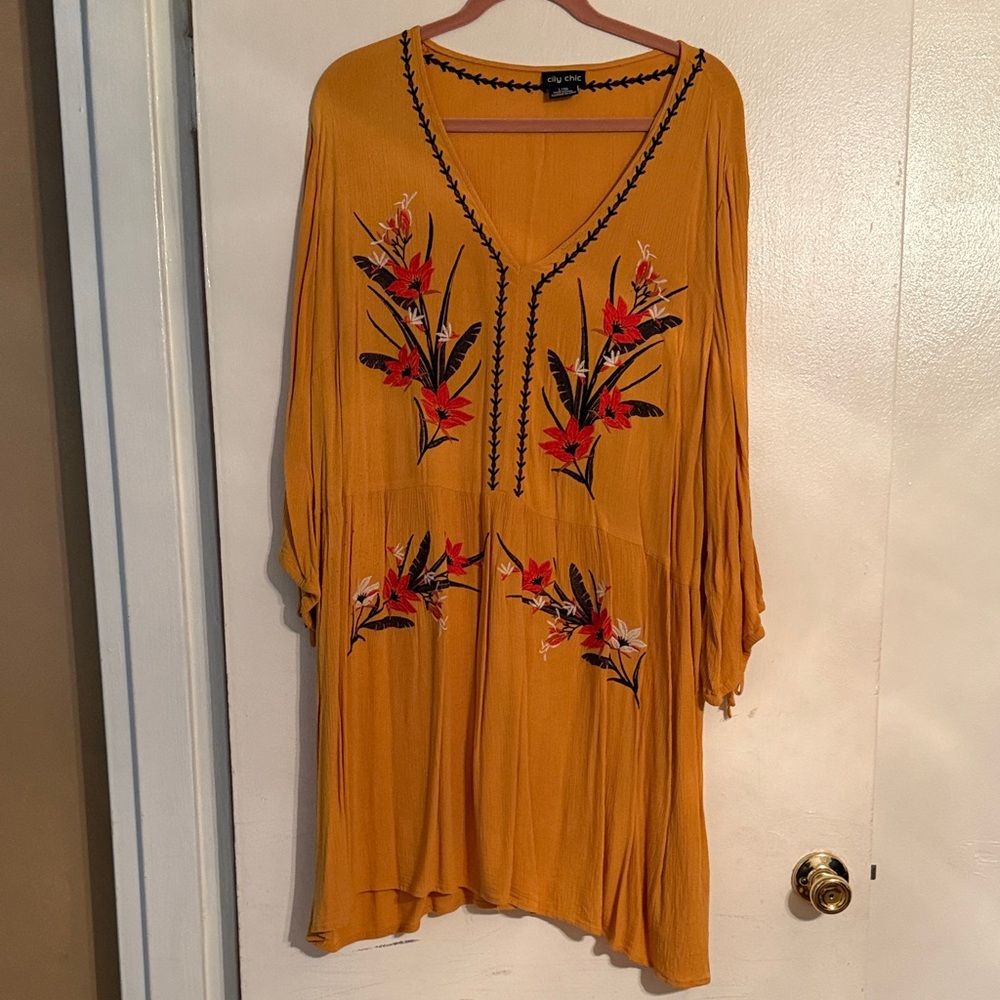 City Chic Mustard Embroidered Floral Tunic Dress